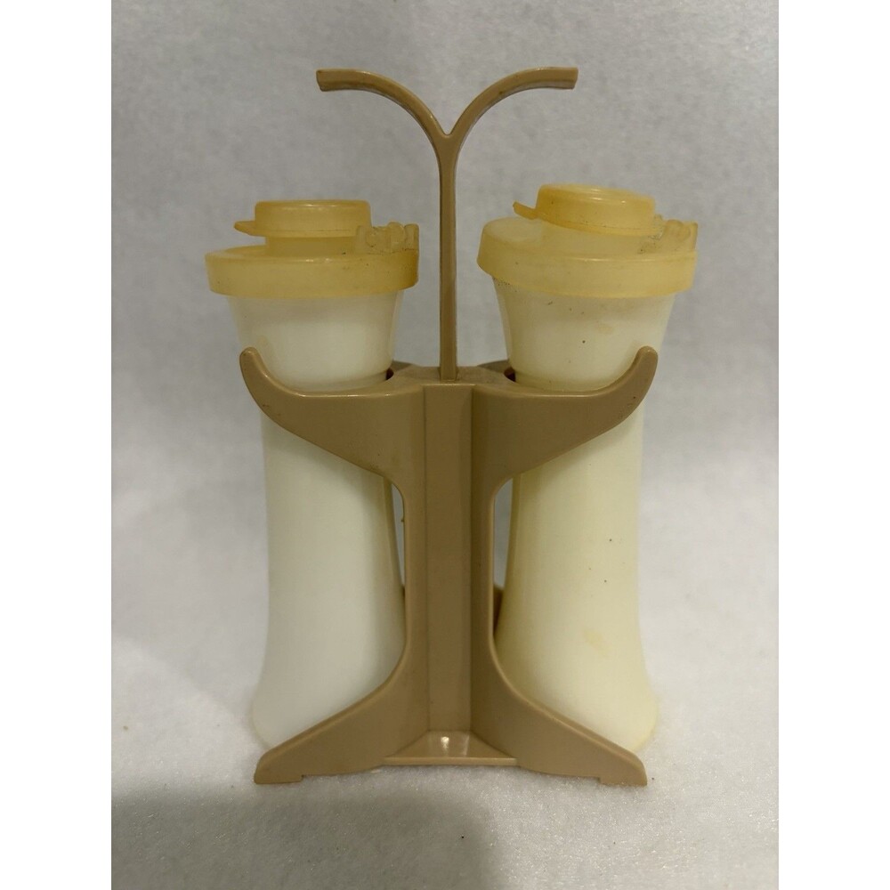 Vintage Tupperware Mini 4" Salt & Pepper Shakers with Tan Caddie
